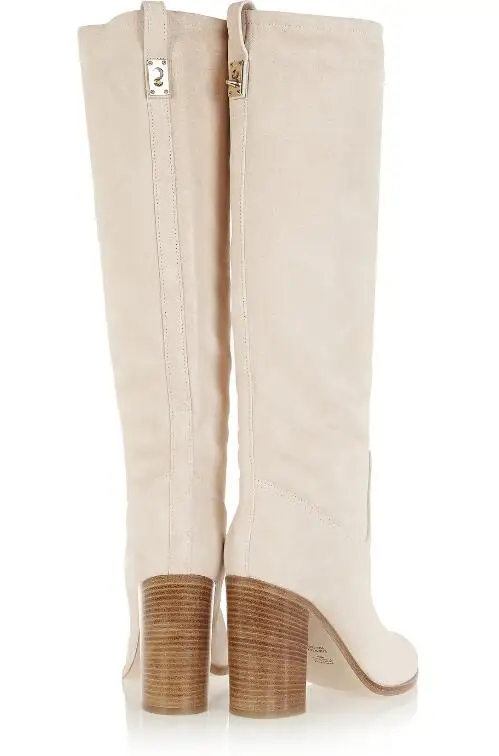 

Hot Elegant creamy -White /Dark Purple Genuine Leather Knee-High Round Toe Shoes Square Heel Metal Decoration Women's Boots