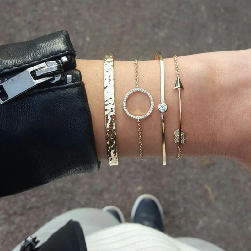 

Punk Bracelets Bangles Inlay Crystal Round Arrow Bump Gold Chain Adjustable Multilayer Bracelet Set Women Jewelry Gift