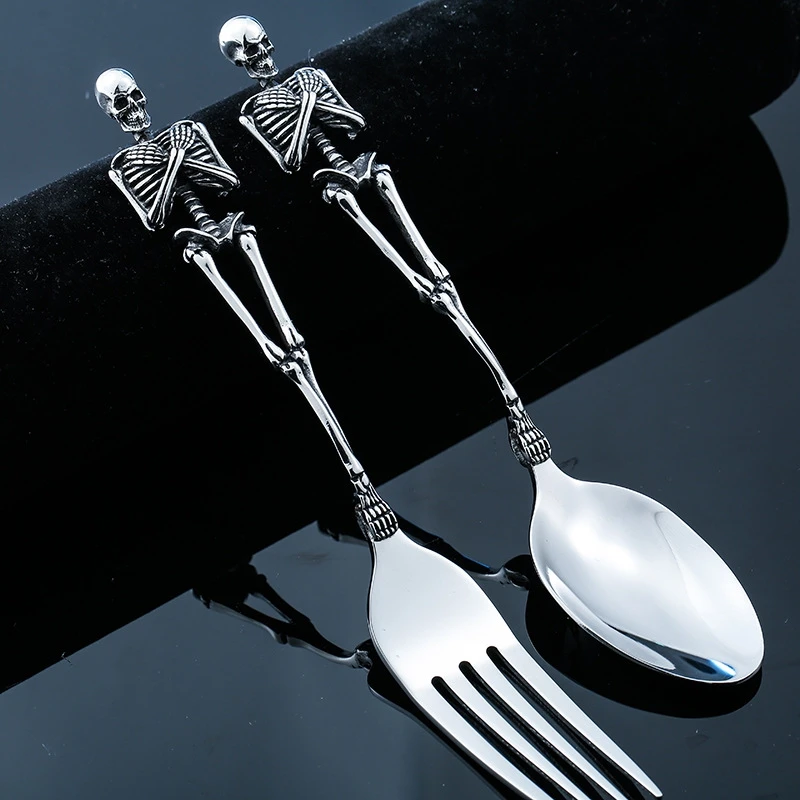 

Stainless Steel Skull Cutlery Skeleton Fork Spoon Halloween Tableware Family Party Gift Metal Flatware Set