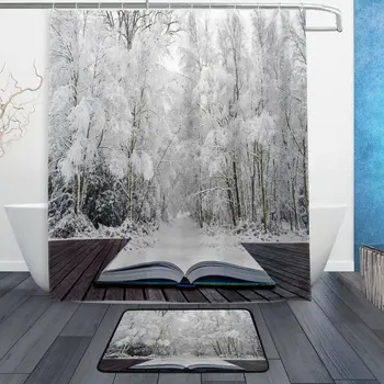 

Winter Forest of Magical Book Waterproof Polyester Fabric Shower Curtain with Hooks Doormat Bath Floor Mat Bathroom