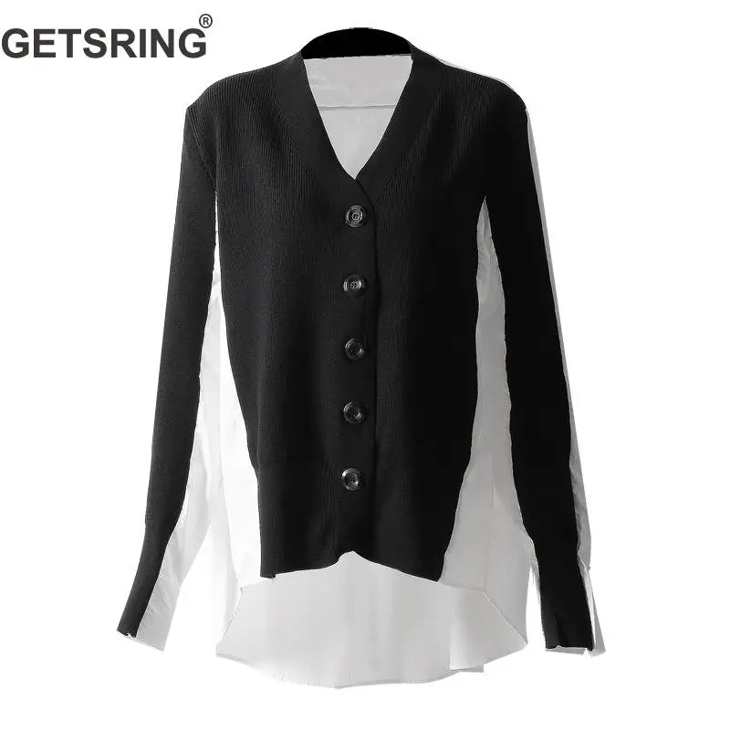 

GETSRING Woman Blouse Irregular Color Matching Knitting Stitching Shirt Women Asymmetry V-Neck Casual Women Blouses 2019 New