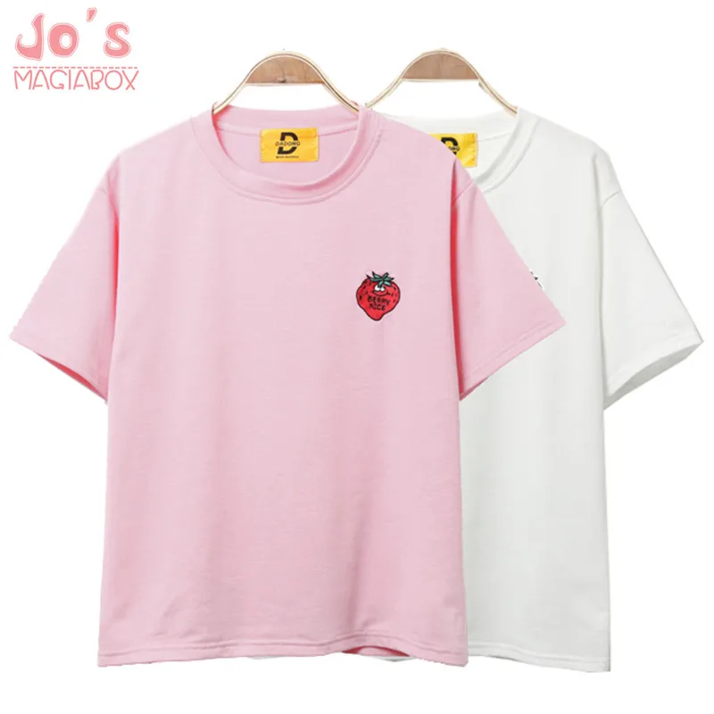 

Women Tshirt Harajuku Kawaii Strawberry T Shirts Cotton Embroidery Short Sleeve Cute Casual White Pink Tee Ladies Tops