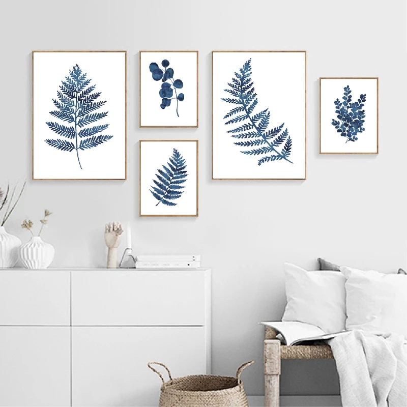 Ink blue fern prints living room decor