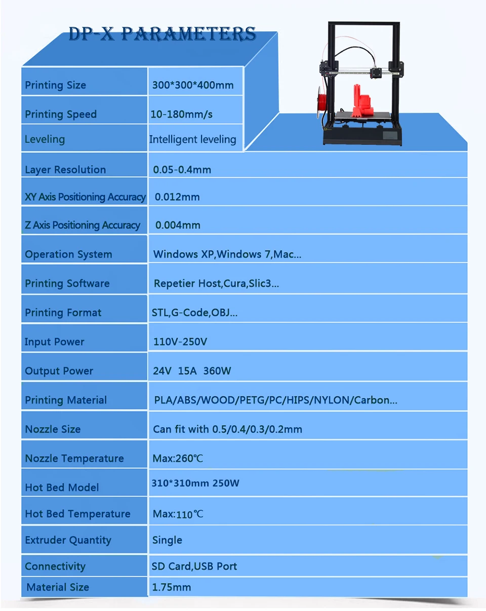 300*300*400 мм большой размер печати DMSCREATE DPX 3D Принтер Комплект металлический каркас линейная направляющая высокая точность