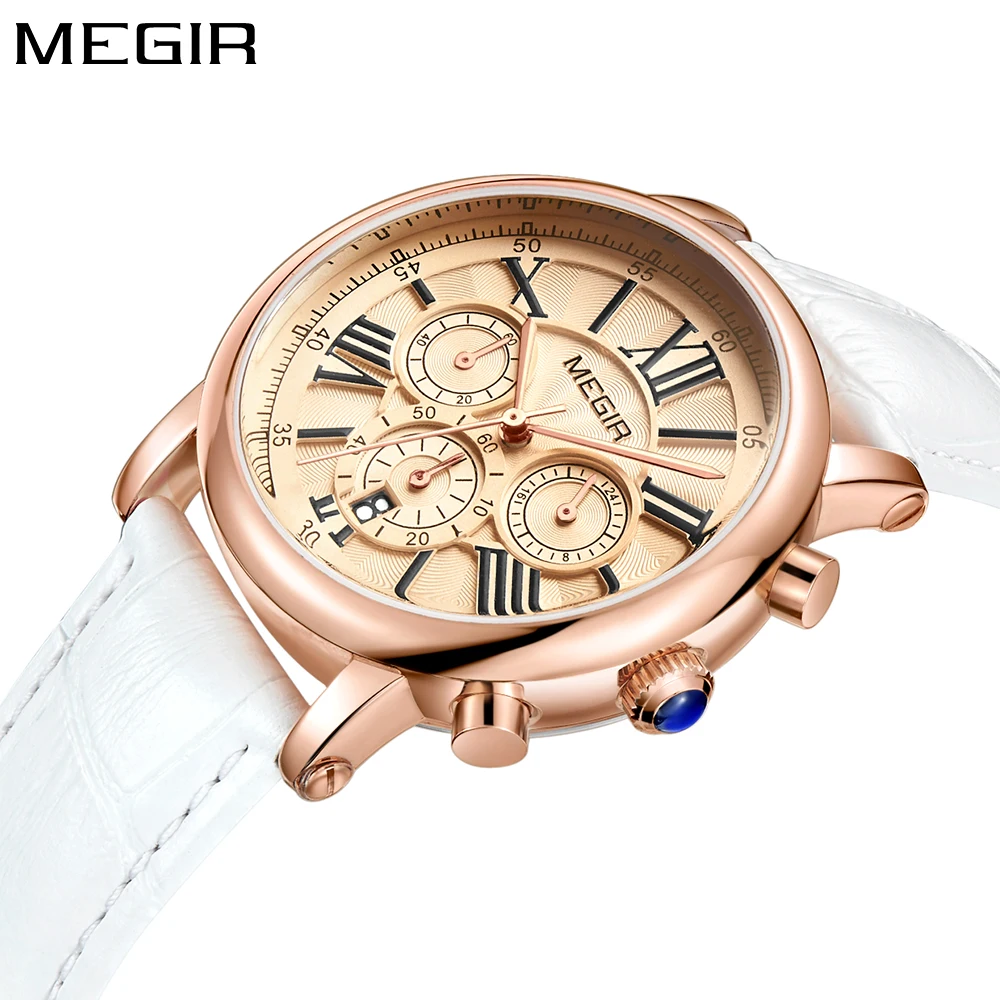 

MEGIR New Luxury Brand Women's Fashion White Leather Chronograph Wristwatch Geneva Rose Gold Clock Ladies Watch Relogio Feminino