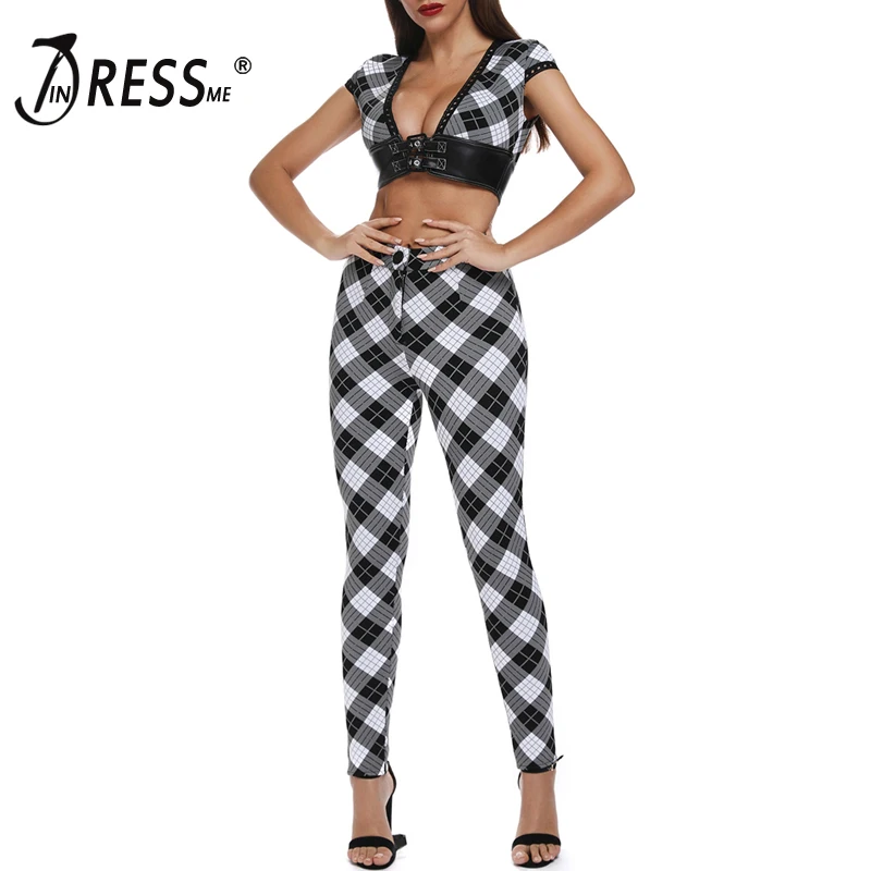 

INDRESSME 2019 Women Fashion Plaid Sexy Deep V Neck Short Sleeve Top Long Pant Bandage Suits Set Bodycon Party 2 Pieces Sets Hot