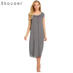 Ekouaer повседневное ночная рубашка Длинные пижамы платье для женщин Сплошной короткий рукав круглый средства ухода за кожей Шеи Ночное