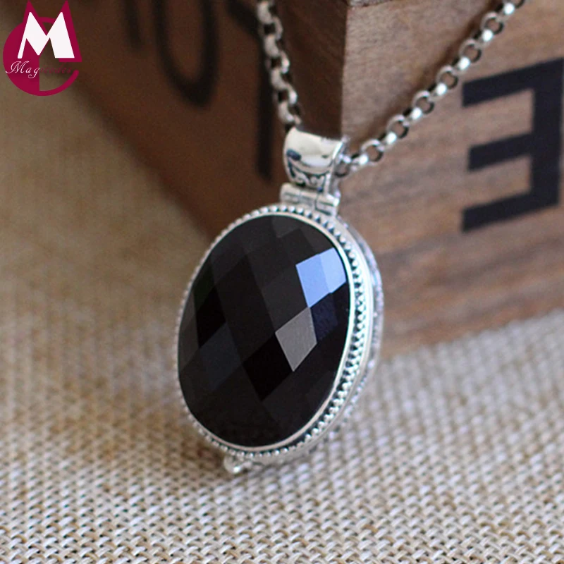 

Gemstone Costume Jewelery Oval Black Agate Vintage Pattern Pendant For Women Gum Box 100% 925 Sterling Silver Necklace Female