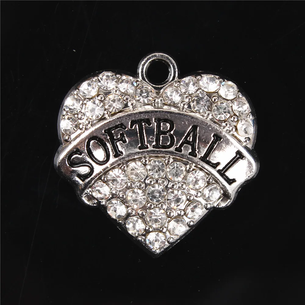 New Fashion Heart Letter SOFTBALL Clear Crystal Charm Pendant For DIY Necklace Bracelet Keychain