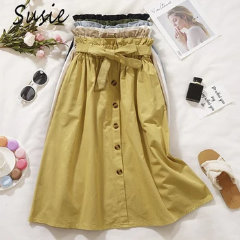 

Women Girls Ruffles High Waist Knee Length Pleated A-Line Skirt Single Breasted Button Up Belted Solid Color Flared Skater