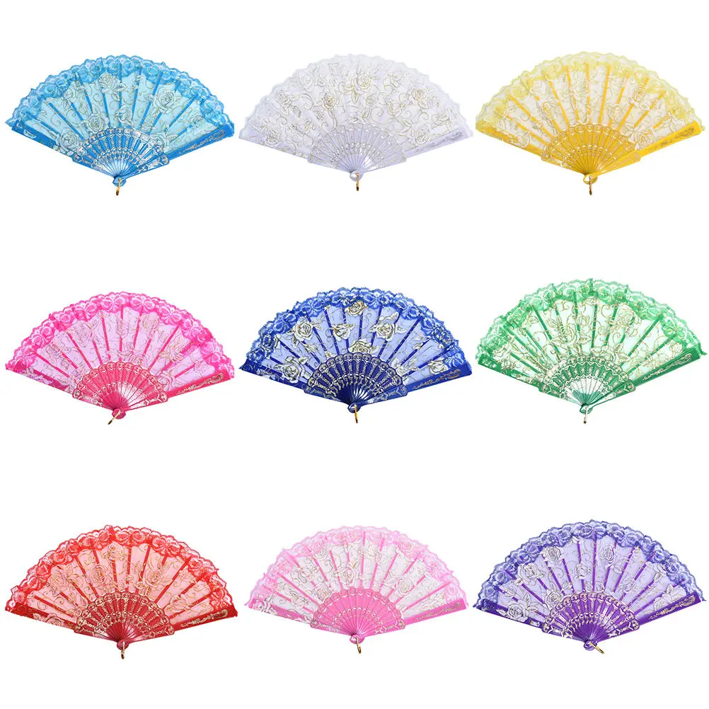 

6 Colors Wedding Decor Manual Fans Floral Lace Tulle Hand Fan Folding Wedding Birthday Party