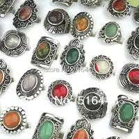 New 20pcs Wholesale Jewelry Lots Mix Natural Stones Antique Silver Plated Women Mens Adjustable Vintage Rings A-152