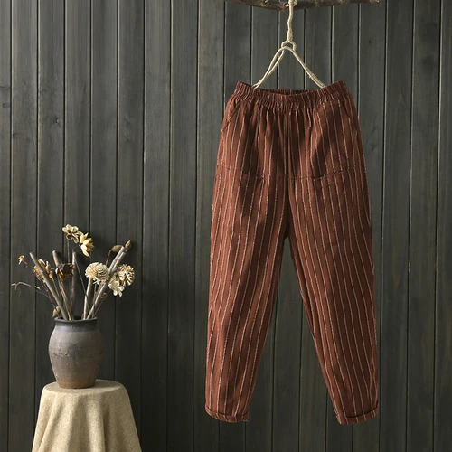 Striped Harem Pants Elastic Waist Women's Trousers Cotton And Linen Pantalon Femme Casual Capris Loose Pantalones De Mujer