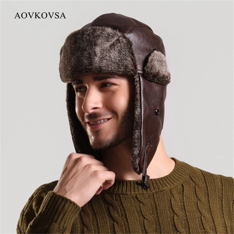 AOVKOVSA 2017 Russian Fur Faux Leather Adult Warm Winter Hats for Men