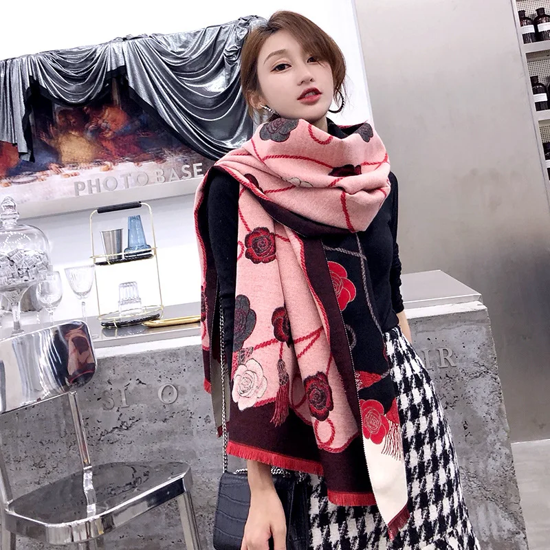 Осень-зима Для женщин шарф Камелия Цветочный принт Кашемировый Шарф Ladies Длинные теплые толстые шаль пашмины моды