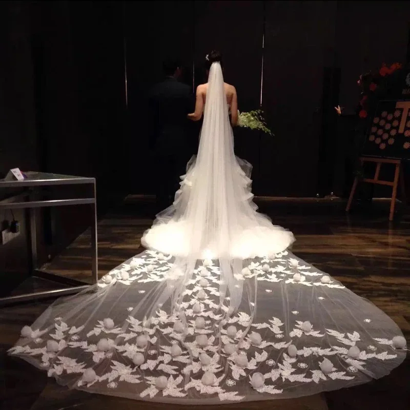Wedding Veils 3.8 Meters Long 3 Wide Two Layers Lace Appliques Bridal Voile Mariage | Свадьбы и торжества