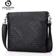 JASLOONG Brand Casual Genuine Leather Men Crossbody Bag with Knitting Handmake Personalized Name Black Soft Handle Messenger Bag