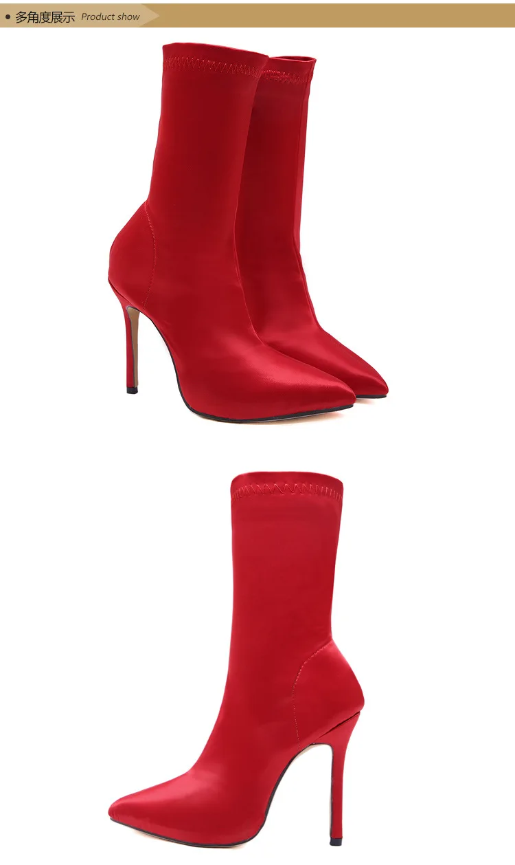 Koovan/женские ботинки на высоком каблуке с острым носком; атласные эластичные носки; кожаные ботинки; цвет красный, синий, черный; женская обувь