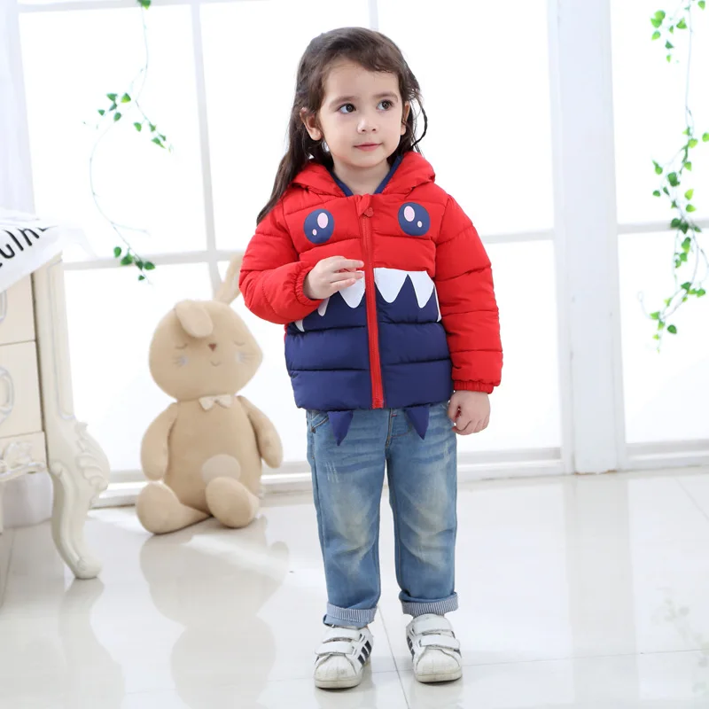 Детская Хлопковая одежда на пуху г., новая осенне-зимняя теплая куртка с капюшоном и рисунком динозавра модное пальто для мальчиков и девочек от 2 до 6 лет