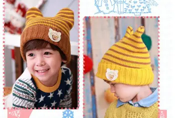 

Children's knitted hat paragraph horn hat baby hat stripe hat 4 color optional 5pcs mix