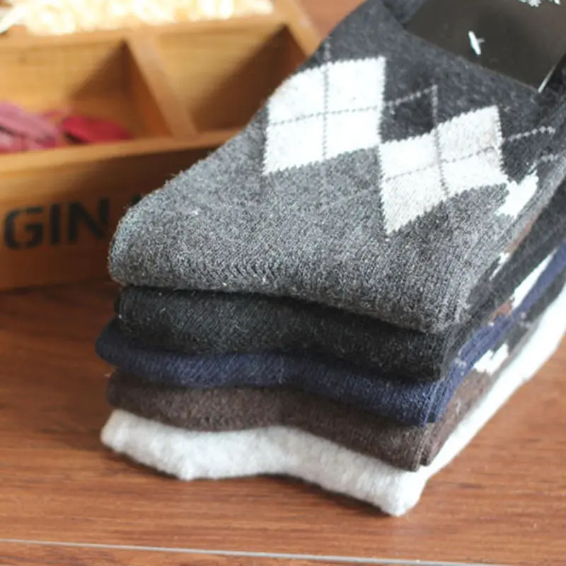 Diamond Men Socks Rabbit Wool Thick Warm Male Socks Geometry Pattern High Quality Male Casual Middle Sock Autumn Winter Clothing (6)