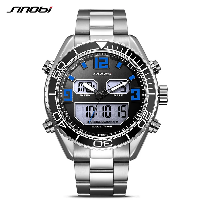 

SINOBI Full Steel Sport Watches Digital Quartz Led Dual Display Watch Men Chronograph Date Army Male Waterproof Wristwatch 2019