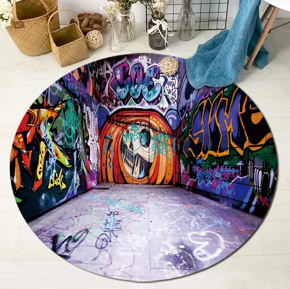 

LB Cartoon Graffiti On Brick Wall Round Rugs And Carpets For Kids Baby Home Living Room Crystal Velvet Cushion Bedroom Bath Mats