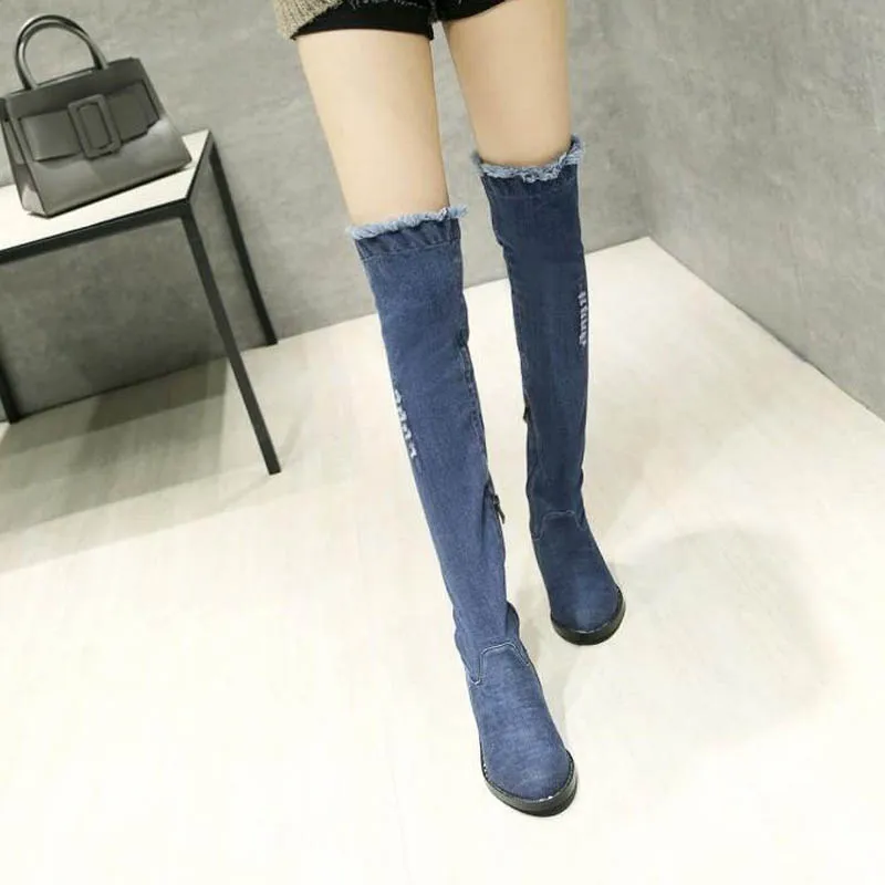 Fashion Women Knee-high Long Boots Slim Showing Med Heel Spring Autumn Shoes Slip-on Leisure Casual Boots Plus Size 33-43 Blue (15)