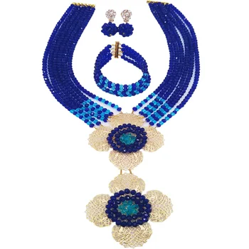 

New Arrived Royal Blue Lake Blue African Wedding Necklace Nigerian Beads Beaded Crystal Bridal Party Jewelry Sets 6DHJZ018