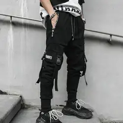 2019 Весна хип-хоп Джоггеры мужские черные шаровары с несколькими карманами ленты мужские спортивные брюки уличная повседневные мужские