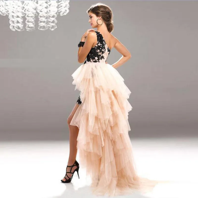 

Champagne Ruffle Hi Low Tulle Formal Party Skirt Asymmetrical Prom Skirts Tiered Long Tulle Tutu Skirts Custom Any Color Free