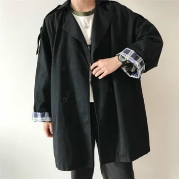 

2019 Korean Style Men's Fashion Casual Loose Jackets Long Coat Lapel Double-breasted Trench Outwear Homme Windbreaker M-XL