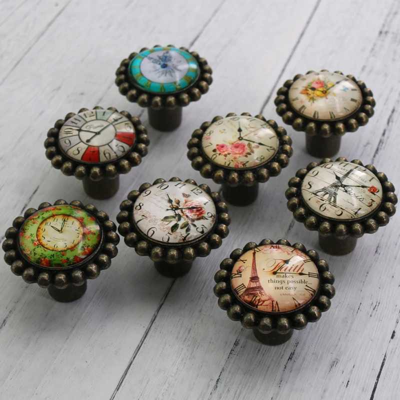 

1x Unique Design 42x35mm Retro Clock Print Knobs Wardrobe Cabinet Door Cupboard Drawer Pull Handles Dresser Decoration