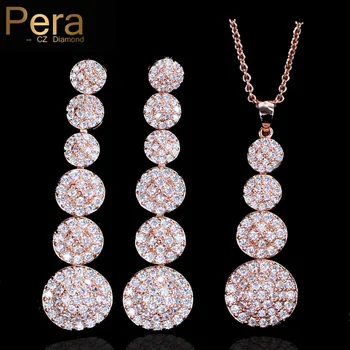 

Pera Trendy Women Engagement Party Jewelry Full Sparkling 5 Round Shape Cubic Zirconia Mirco Pave Necklace And Earrings Set J266