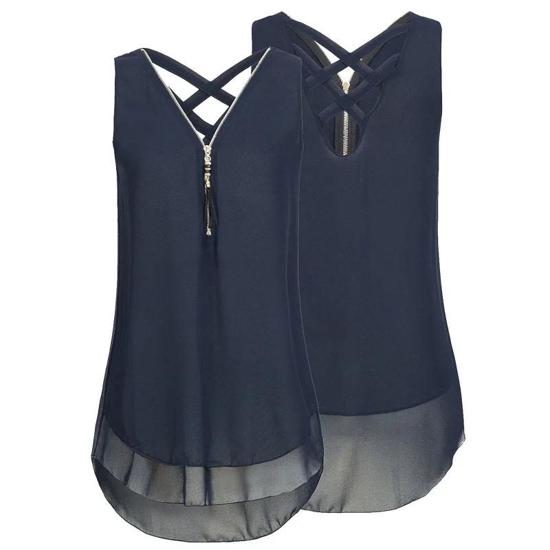 

Blusas 2019 Summer Women Tops and Blouses Casual Zipper V-Neck Sleeveless Harajuku Vest Back Cross Plus Size Chiffon Blouse