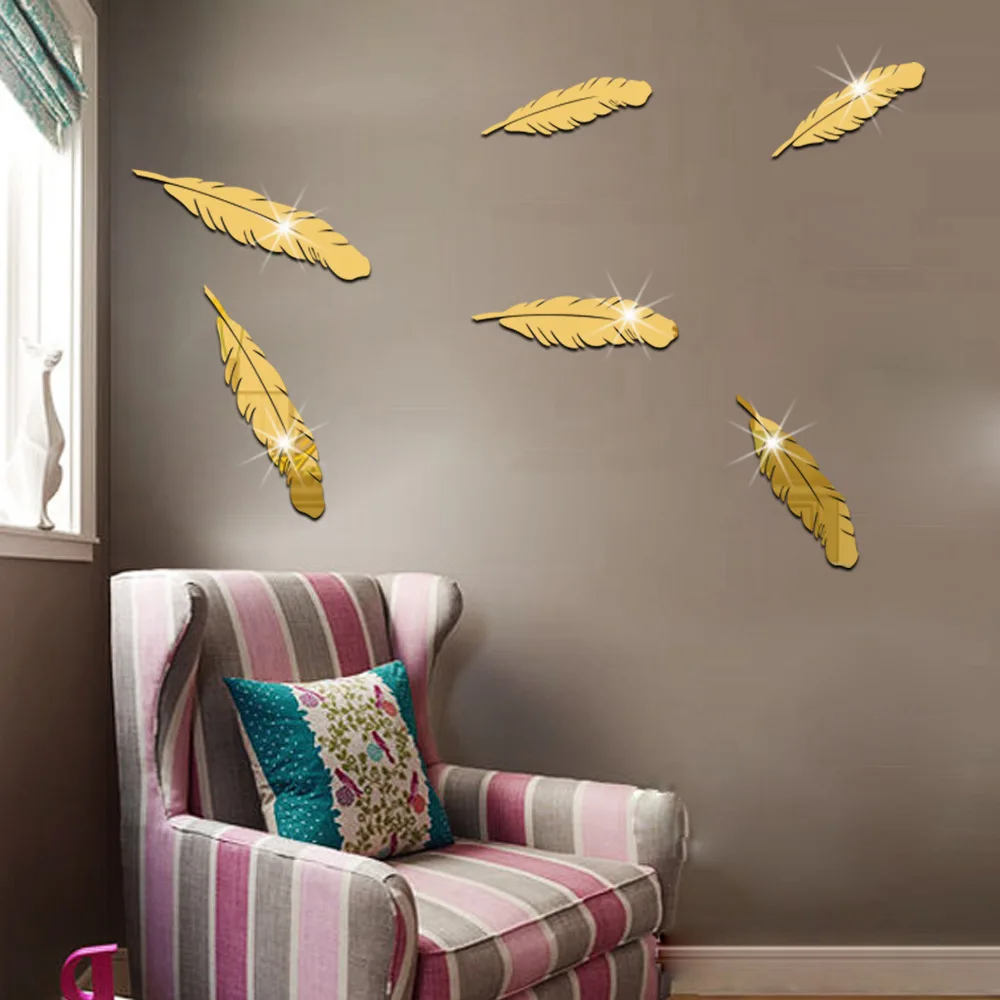 

6 Pcs/Set 3D Acrylic Mirror Surface Wall Sticker Angel Feather Design for Living Room Wall Decoration Golden Silver Removable