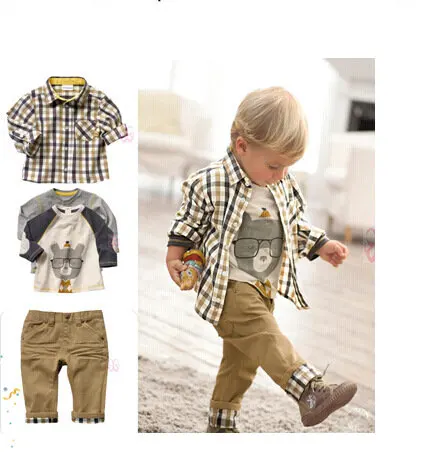 2015 новые весенние детские комплекты одежды из 3 предметов для мальчиков, костюмы в клетку в европейском стиле, футболка + рубашка + джинсы в стиле ретро, повседневный комплект, YC020