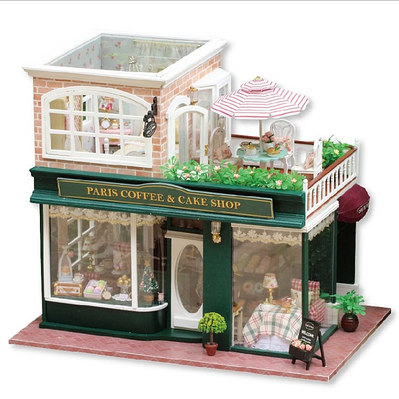 

Assembling DIY Miniature Model Kit Wooden Doll House Romantic French Coffee Trip Hut Toy with cottage Furnitures Gift for Girl