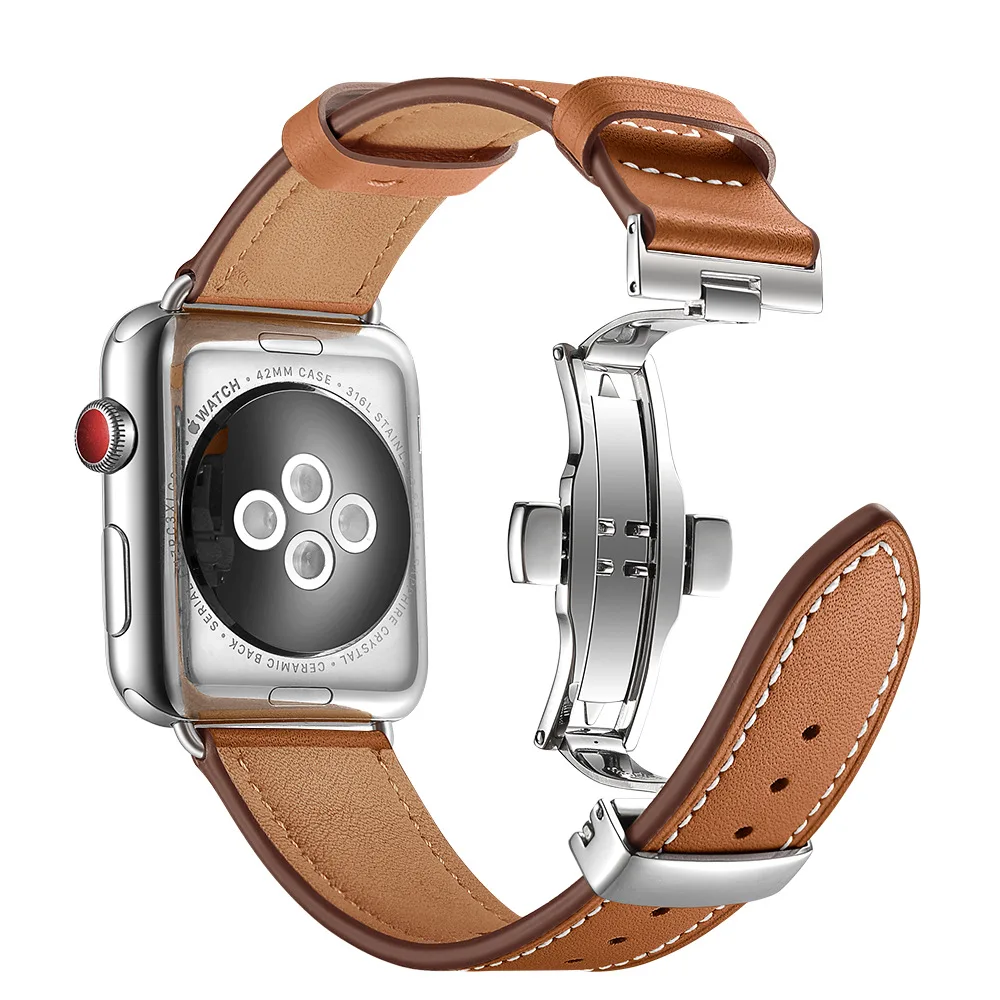 Высокое качество кожаный ремешок для наручных часов Apple Watch Series 4 44 мм 40 мм серебряная застежка-бабочка, браслет на запястье, ремешок для наручных часов iWatch 3/2/42 38 мм