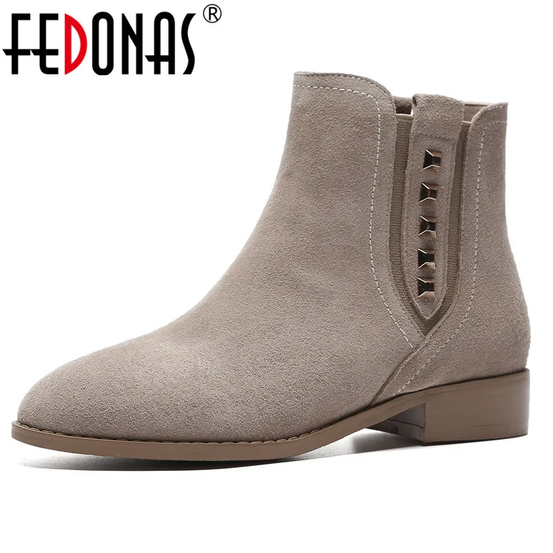 

FEDONAS Retro Rivets Women Cow Suede Ankle Boots High Heels Autumn Winter Short Ladies Shoes Woman Basic Motorcycle Boots