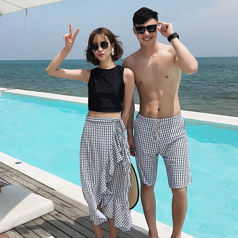 

2019 Bikinis Women Swimwear Plus Size 2019 Woman Swimsuit With Shorts For Couple Female New Korea Skirt Men Beach Pants Print