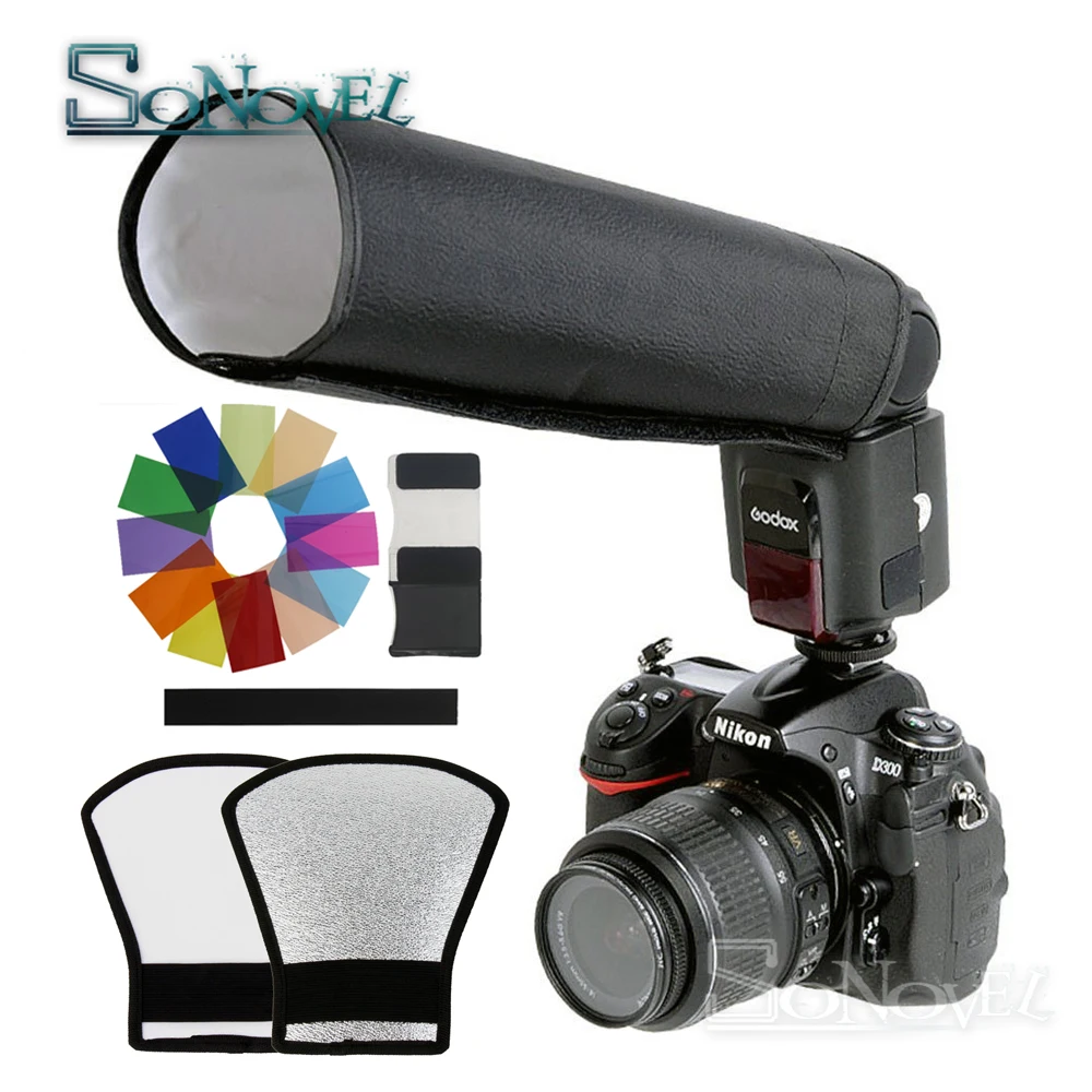 12 Colors card Flash Diffuser Kit+silver/white Reflector+Foldable Beam speedlight snoot For