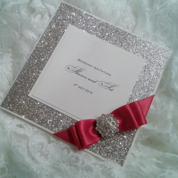  Handmade Glittering Wedding Invitation Cards with Satin Ribbon Bow and Silver Rhinestone CA0646 - 32761244500
