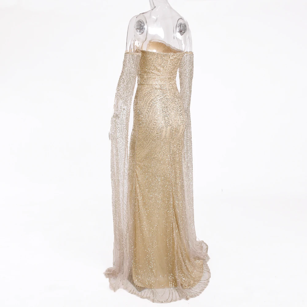 Платье знаменитостей длиной до пола с рукавом, вечернее платье с вырезами и открытыми плечами, Золотое блестящее Макси-Платье с вырезом лодочкой