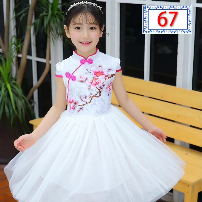 Летний цветочный чонсам, платье в китайском стиле «Ципао Детские платья возраст от 3 до 12 лет для девочек платье принцессы платья для девочек, весенняя одежда - Цвет: white 1