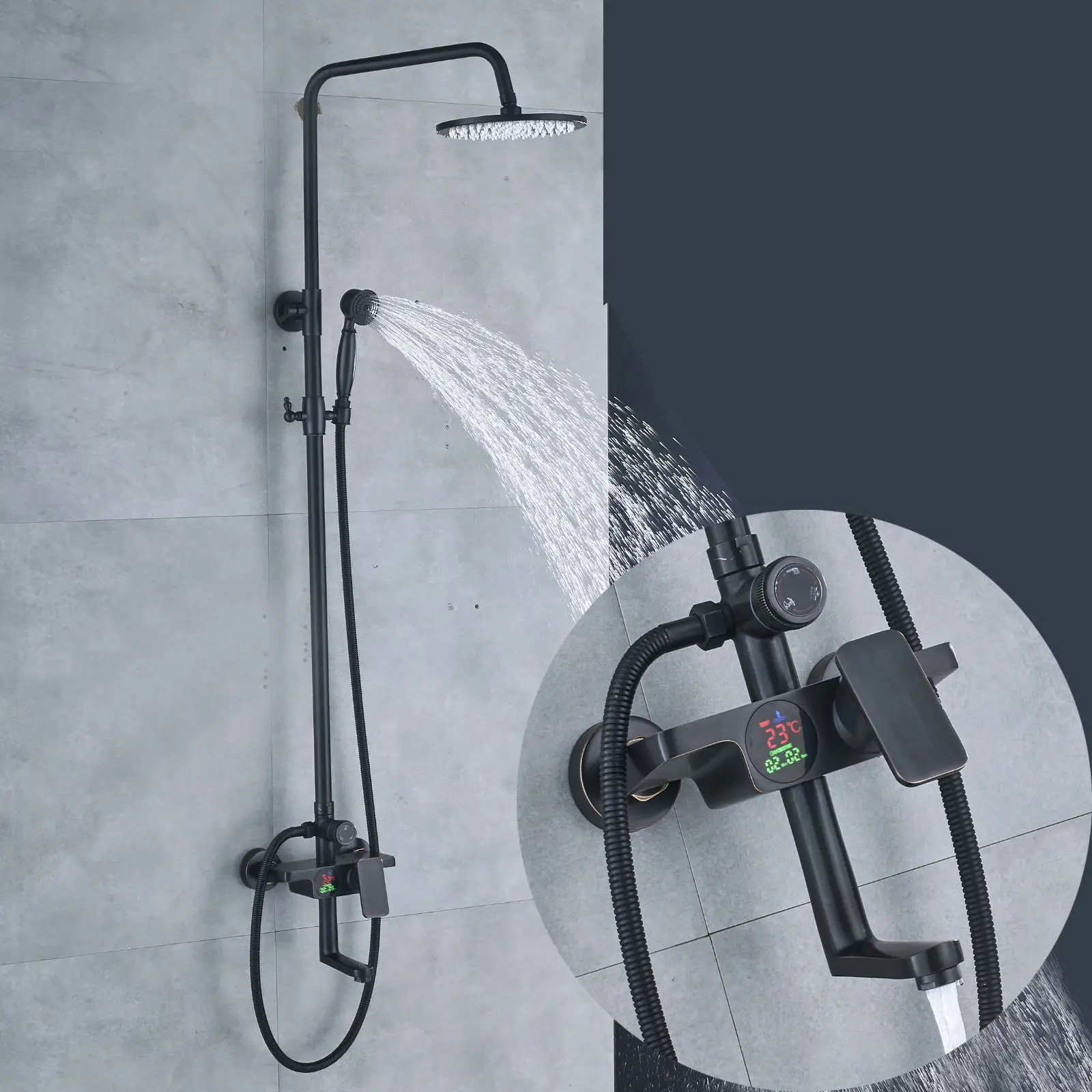 

Oil Rubbed Bronze Rainfall Shower Faucet Set Temperature Display Hand Mixer Tap Shower Head Brass Hand Shower