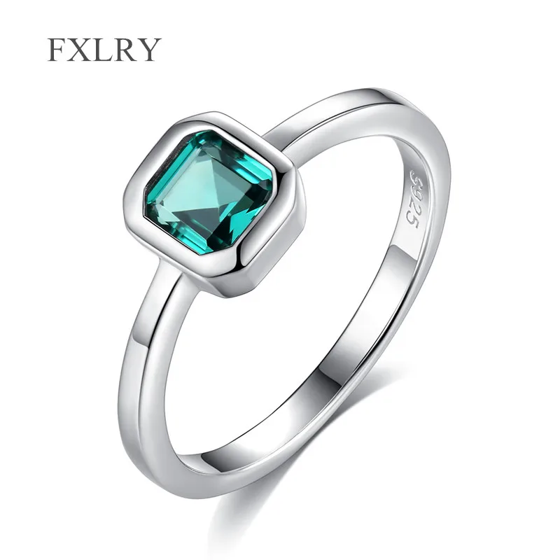 

FXLRY Luxury High Quality S925 Sterling Silver Green Zircon Simple Square Rings For Women Girls Wedding Jewelry