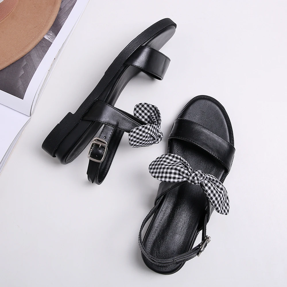 

Women Sandals Woman Summer Shoes Cow Genuine Leather Rubber Sole Buckle Strap Sweet Butterfly Knot High Quality New 2019 SS228