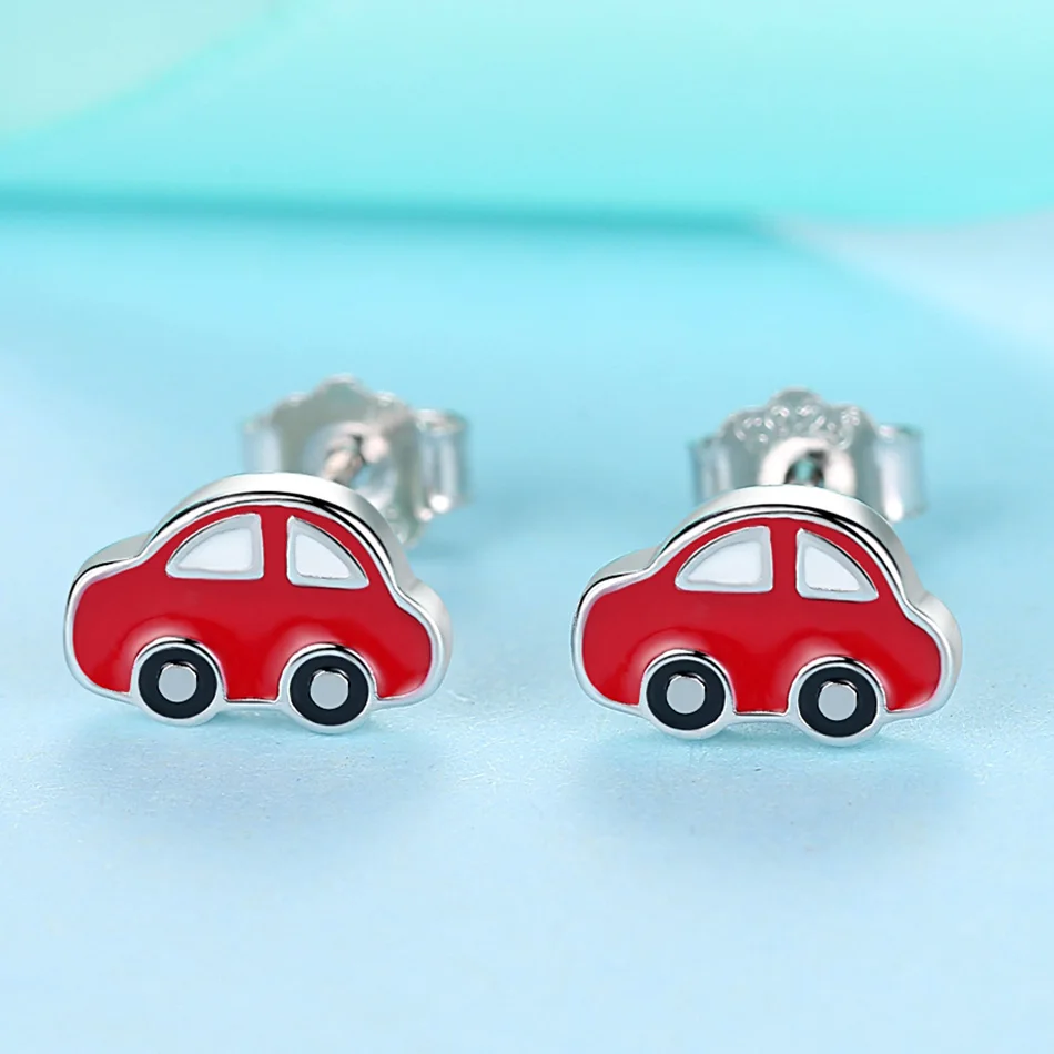 ELESHE Lovely 925 Sterling Sliver Red Enamel Toy Car Silver Stud Earrings for Women Children Boy Friend Fashion Jewelry Gift