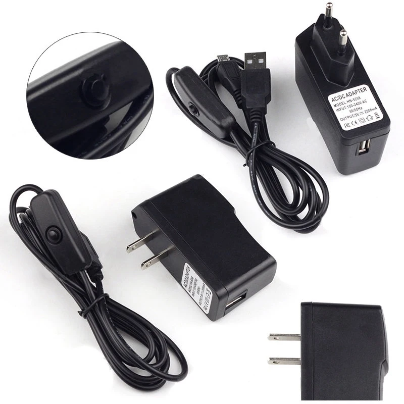 

High Quality 5V 2.5A EU US Plug Micro USB Charger Power Supply Adapter ON/OFF Switch Charging Cable for Raspberry Pi 3 Tablet